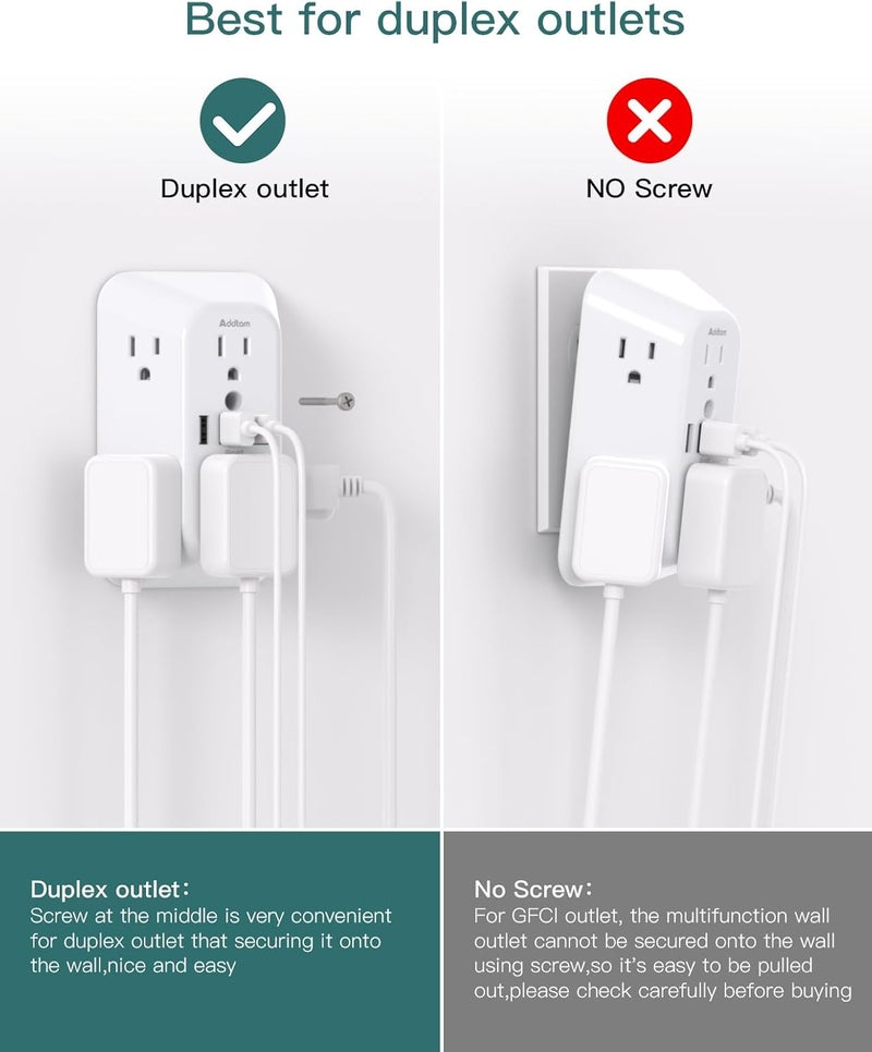 Addtam Surge Protector Outlet Extender, 6-Outlet Splitter with 4 USB Wall Charger(PD 20W), Multi Plug Wall Outlet 1800J Power Strip for Home Office Dorm Room Essentials - Image 4